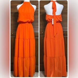 Minipeach Vibrant Orange Tiered Maxi Swing Halter Gown Dress Size S